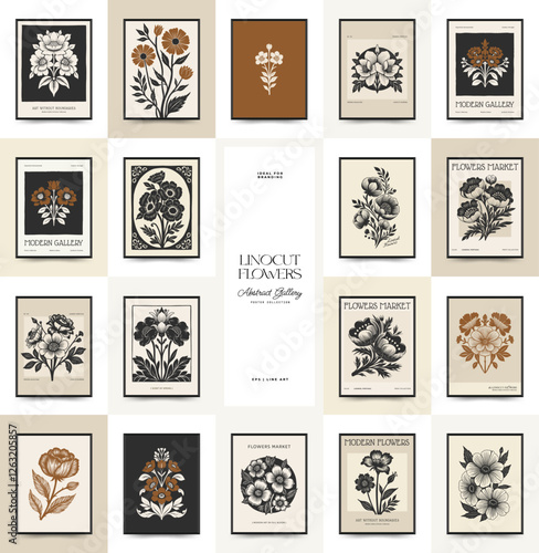 Abstract linocut floral posters template. Modern trendy minimal style. Black and white colors. Botanical blockprint. Hand drawn design for wallpaper, wall decor, print, postcard, cover, template.
