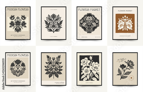 Abstract linocut floral posters template. Modern trendy minimal style. Black and white colors. Botanical blockprint. Hand drawn design for wallpaper, wall decor, print, postcard, cover, template.