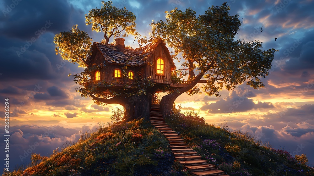 Obraz premium Enchanting Treetop House at Sunset A Fairytale Dream.