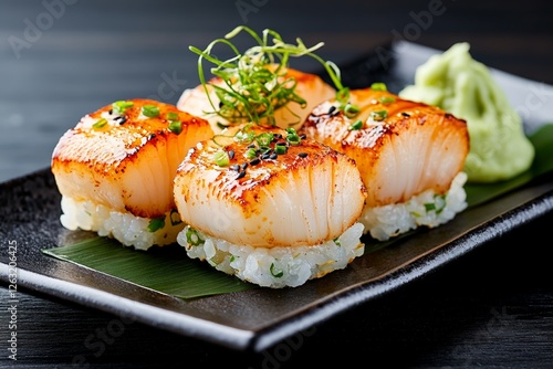 Grilled scallop nigiri with wasabi and garnish on black plate, japanese cuisine
