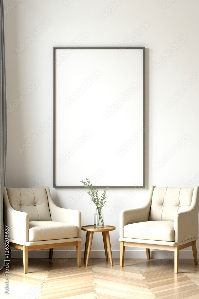 Fototapeta premium two cream armchairs and a framed in a minimalist living room setting