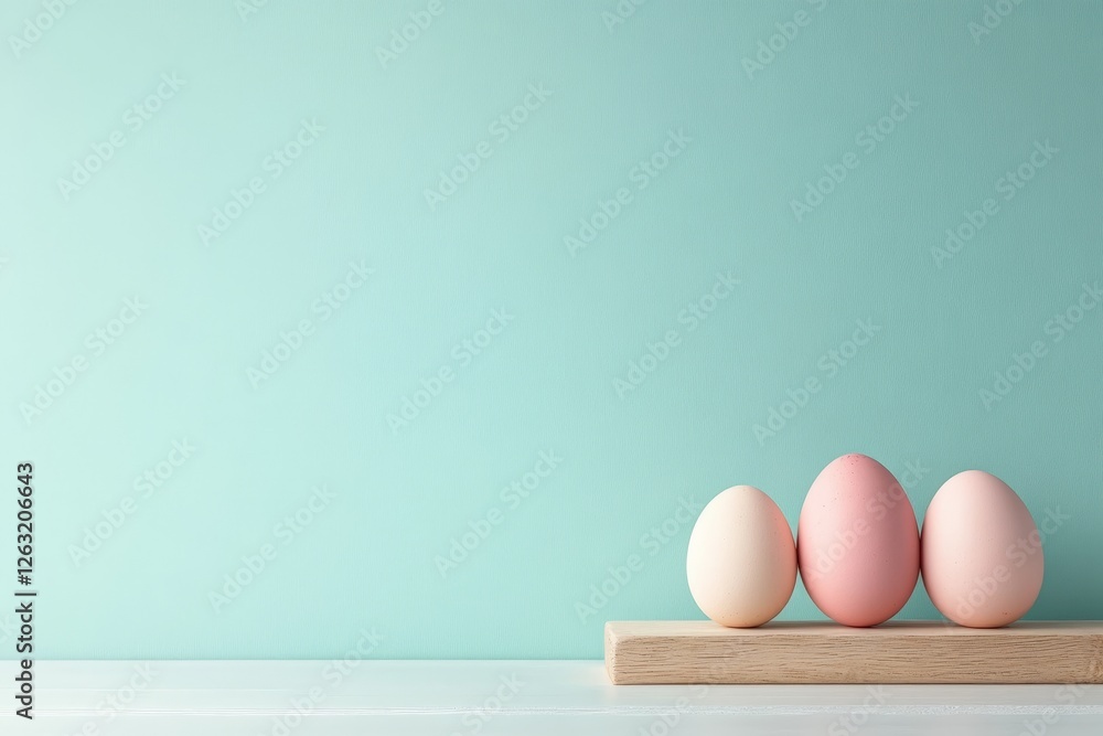Fototapeta premium Pastel eggs on wooden board against aqua background in minimalist arrangement