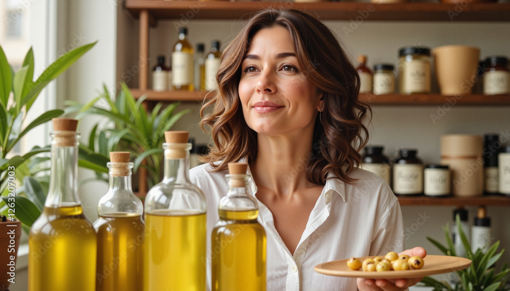 Smiling woman holding olives in natural kitchen setting Smiling woman holding olives in natural kitchen setting