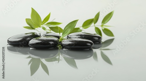 Zen Stones and Green Leaves Reflection: Tranquility and Serenity in Nature's Embrace