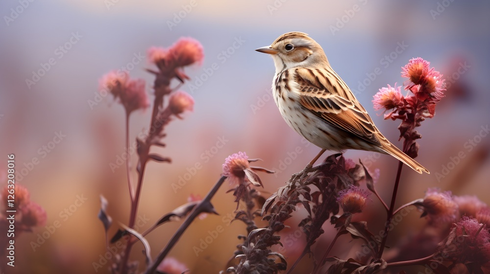 Fototapeta premium Beautiful Lapland Bunting Bird Perched on Autumnal Flowers Wildlife Photography
