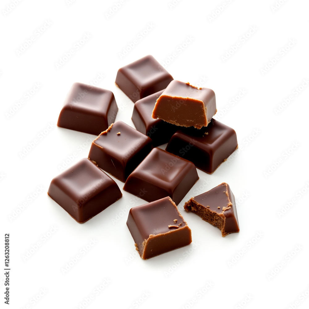 several squares of milk chocolate arranged on a white background several squares of milk chocolate arranged on a white background