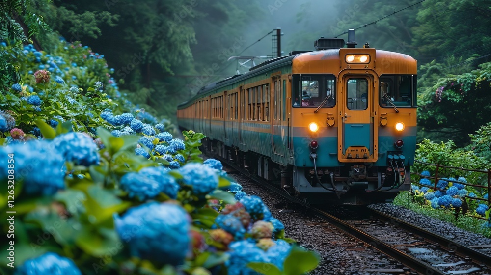 Obraz premium Scenic Train Journey Through Lush Hydrangea Landscape Misty Mountains Japan