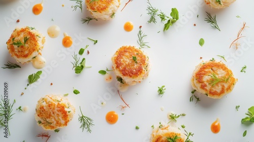Crispy Rice Cakes with Orange and Yellow Sauces and Herbs