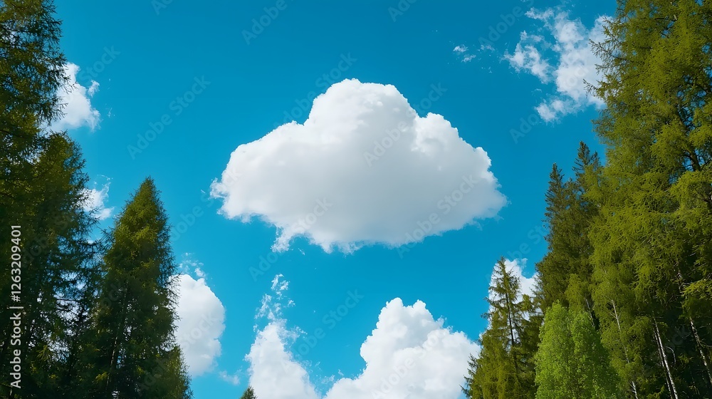 Vibrant Blue Sky with Fluffy White Clouds Over Tall Green Trees Vibrant Blue Sky with Fluffy White Clouds Over Tall Green Trees
