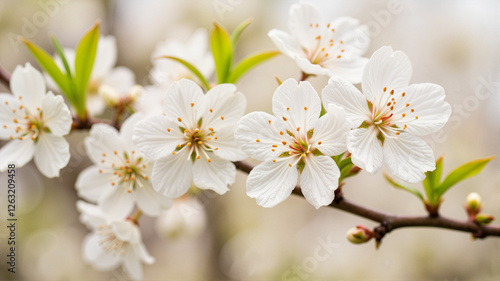Close-up of fresh white blossoms on apple tree branch, nature's beauty