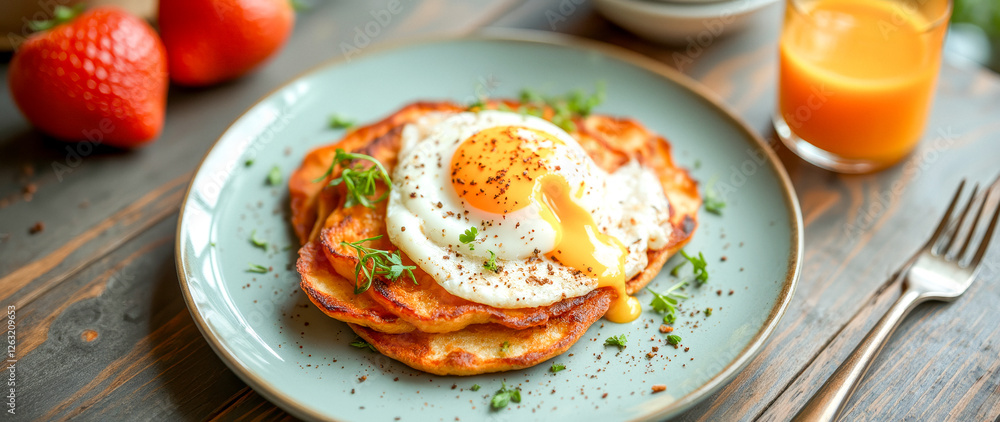 perfectly fried egg atop golden-brown pancakes a delightful breakfast dish perfectly fried egg atop golden-brown pancakes a delightful breakfast dish