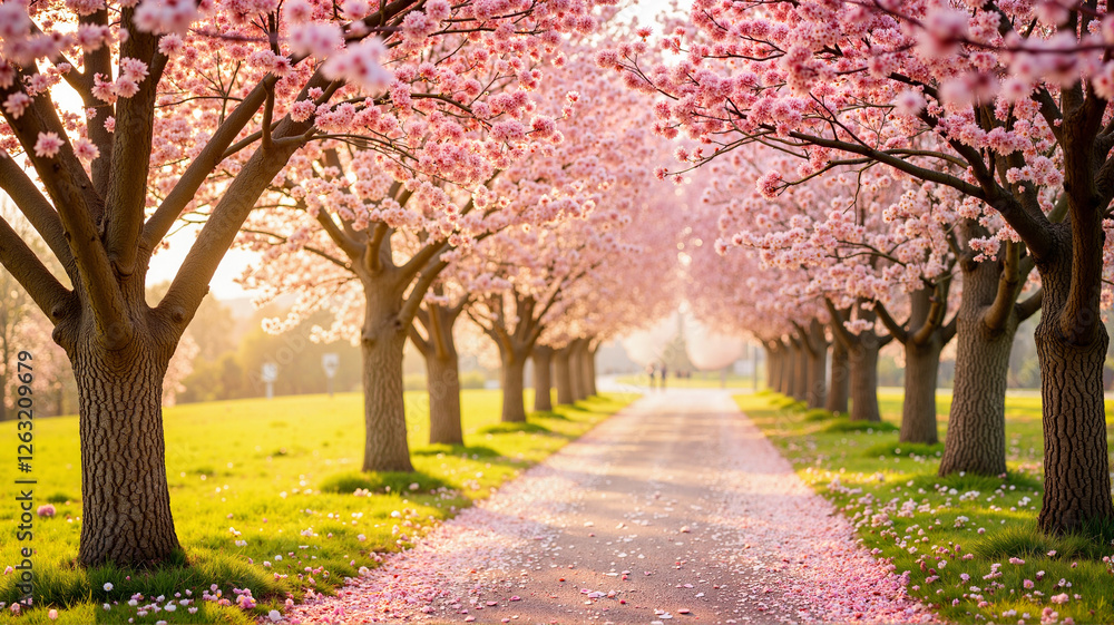 Blooming cherry trees create romantic pathway, serene beauty Blooming cherry trees create romantic pathway, serene beauty