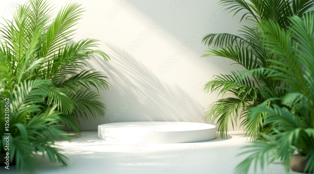 minimalist white circular display platform with lush green palm fronds minimalist white circular display platform with lush green palm fronds