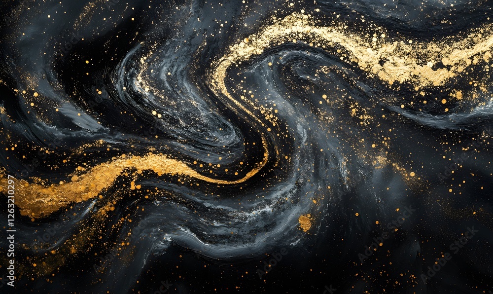 Abstract Swirls of Golden Glittering Particles on Dark Background Texture