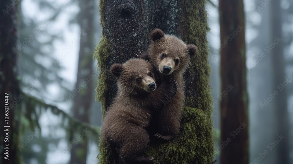 Fototapeta premium Two Grizzly Cubs Embrace on a Misty Forest Tree