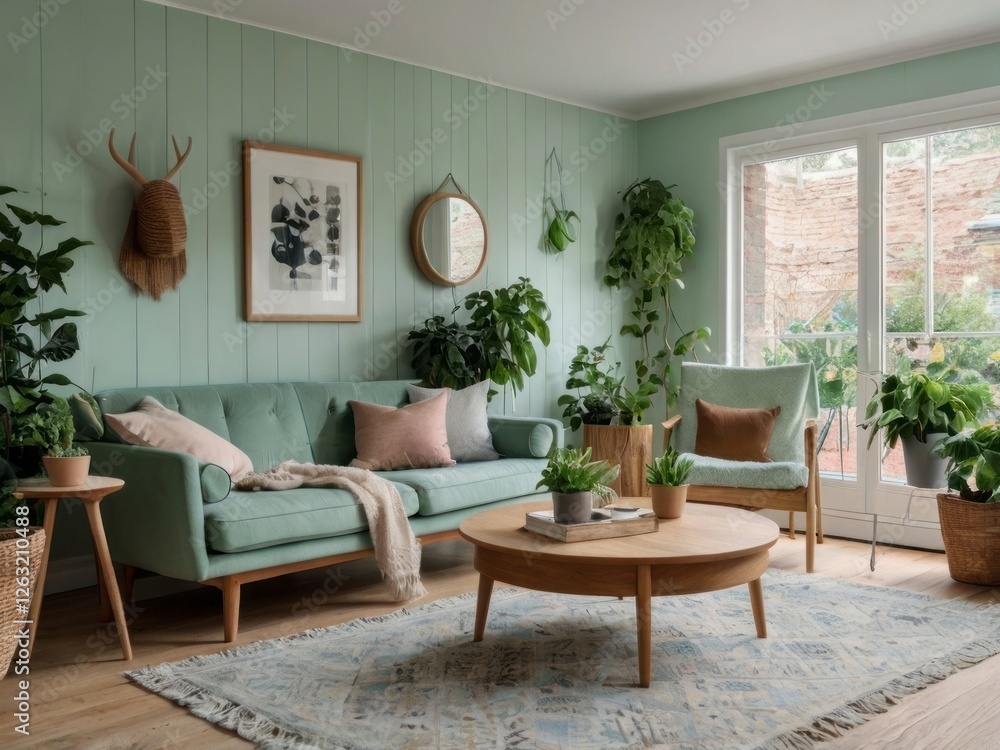 Fototapeta premium Serene Green Living Room With Abundant Plants And Natural Decor