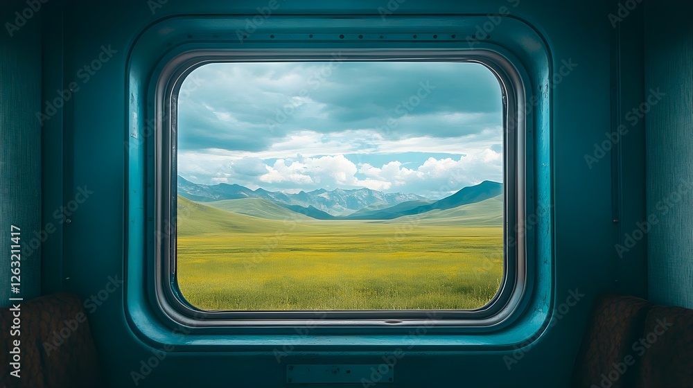Naklejka premium Scenic Mountain Meadow View from Train Window Tranquil Travel Landscape