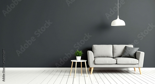 minimalist living room interior: light grey sofa against dark grey wall