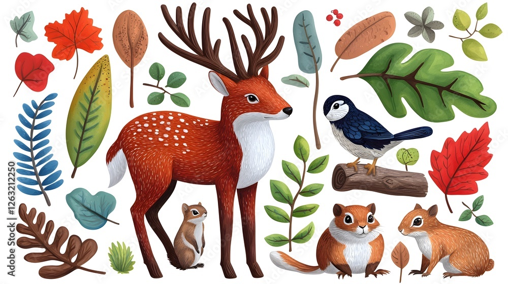 Fototapeta premium Colorful Forest Animals and Leaves in a Whimsical Style Illustration