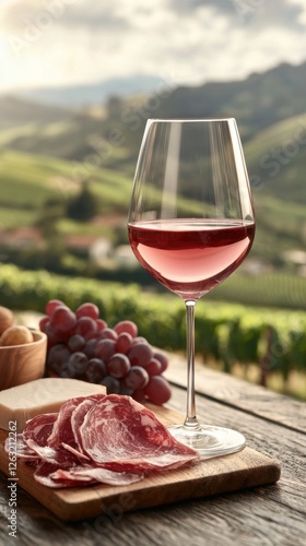 A glass of red wine sits elegantly beside fresh grapes and sliced salami, set against a picturesque vineyard backdrop.