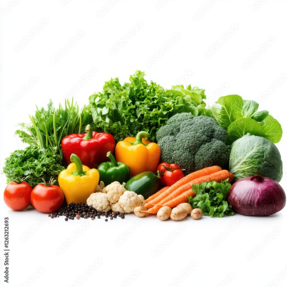Fresh and Vibrant Selection of Organic Vegetables Arranged on a White Background for Healthy Eating Concepts Fresh and Vibrant Selection of Organic Vegetables Arranged on a White Background for Healthy Eating Concepts