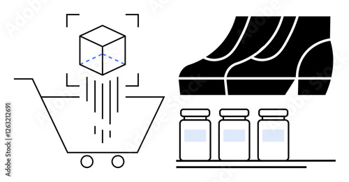 Shopping cart with scanned box, conveyor belt with packages, and containers on shelf. Ideal for e-commerce, logistics, inventory management, online shopping, retail, shipping supply chain