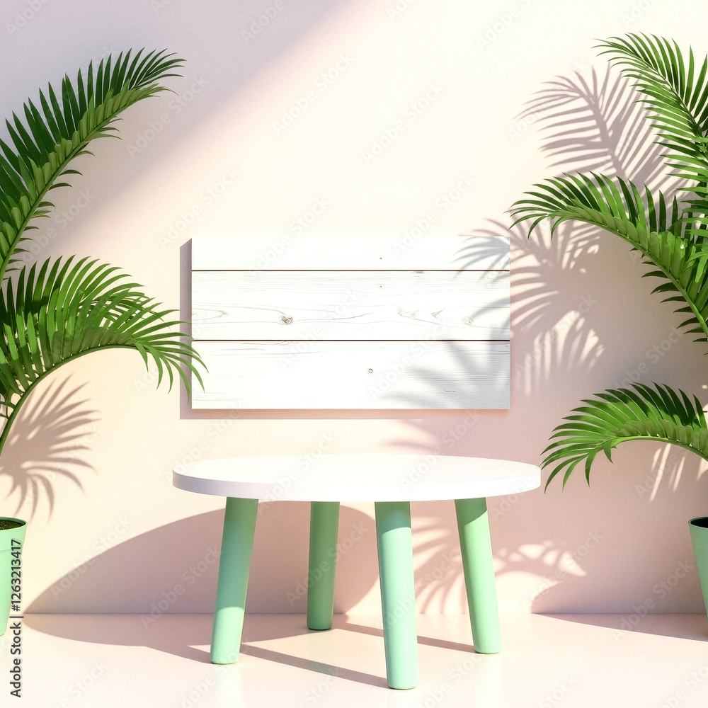 Fototapeta premium pastel green leg table with palm plants and white wooden backdrop
