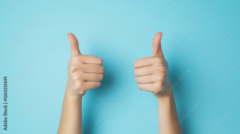 Two Hands Showing Thumbs Up Positive Gesture Blue Background Approval Success Yes Good Okay Like Two Hands Showing Thumbs Up Positive Gesture Blue Background Approval Success Yes Good Okay Like