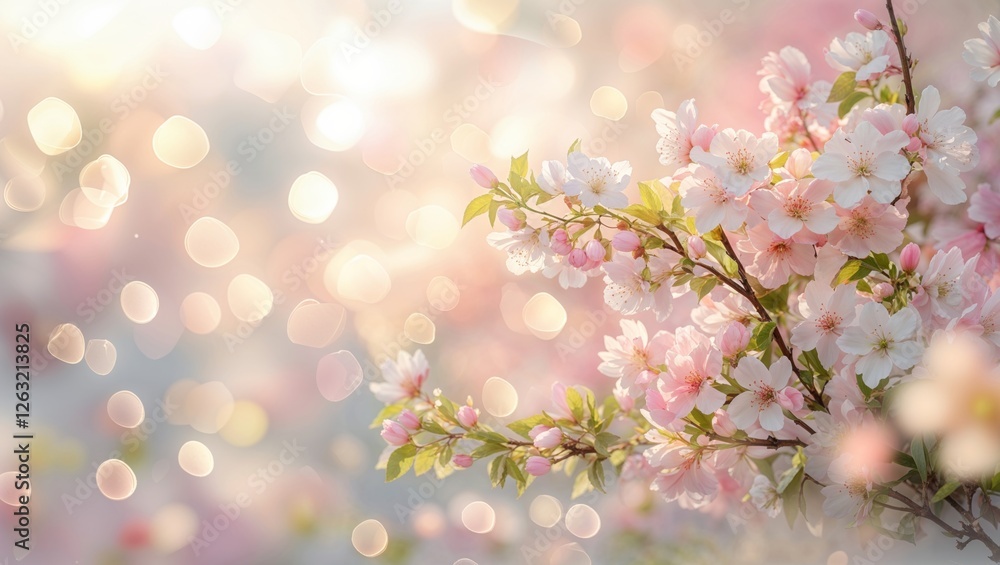 A dreamy scene of pink and white apple blossoms blooming on branches with soft, magical bokeh lights. A dreamy scene of pink and white apple blossoms blooming on branches with soft, magical bokeh lights.