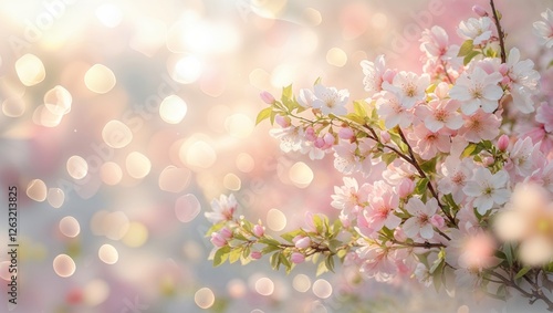 A dreamy scene of pink and white apple blossoms blooming on branches with soft, magical bokeh lights.