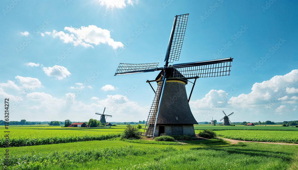 Traditional windmill in a lush landscape with fields and a clear blue sky. Traditional windmill in a lush landscape with fields and a clear blue sky.