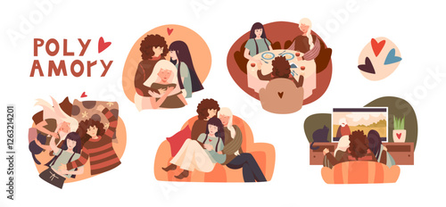 Collection of scenes depicting friendly, polyamorous and open relationships in a warm and cozy atmosphere. Intimacy, caring, spending time together, having dinner, watching movies, cuddling and relax