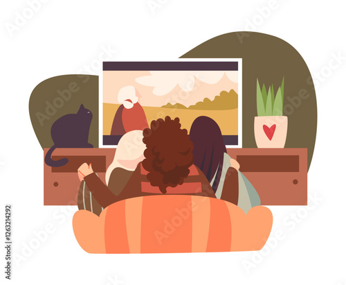 Three women hugging and watching a movie together at home. The concept of polyamorous and open relationships. Female friendship and support