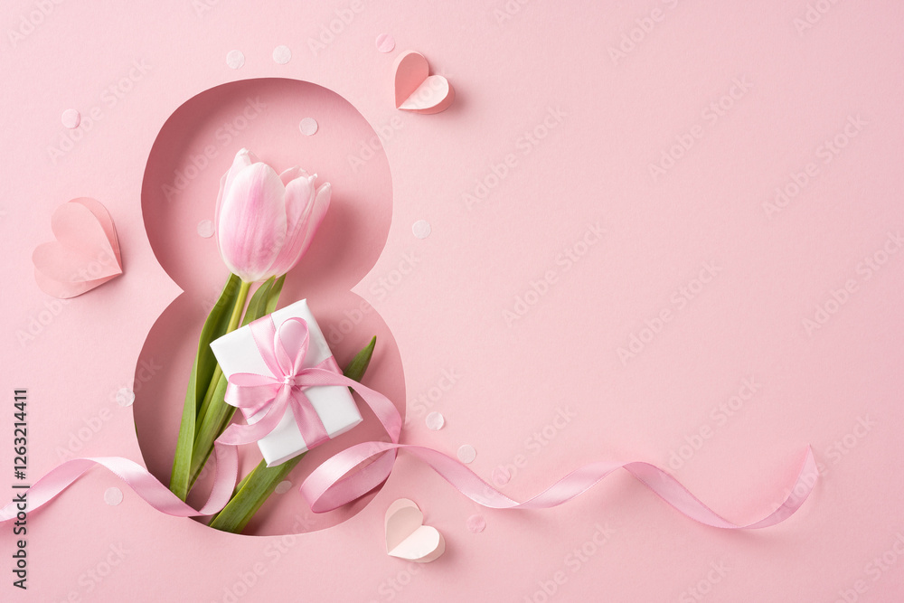 Obraz premium A pink tulip with a ribboned gift symbolizes Women's Day in a beautiful aesthetic scene