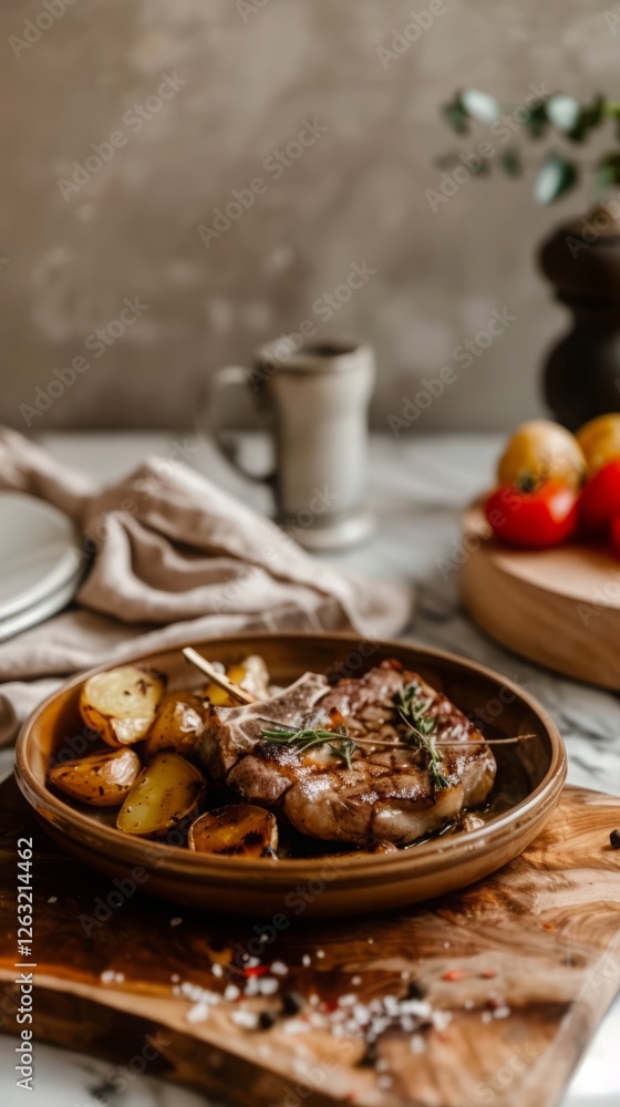 A sizzling steak with a perfectly charred crust, served with crispy roasted potatoes and grilled vegetables A sizzling steak with a perfectly charred crust, served with crispy roasted potatoes and grilled vegetables
