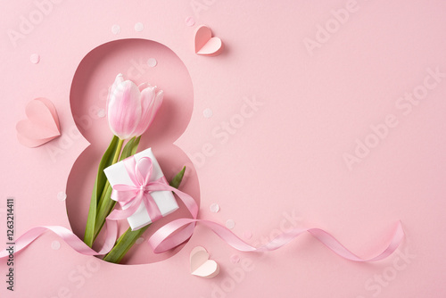 Wallpaper Mural A pink tulip with a ribboned gift symbolizes Women's Day in a beautiful aesthetic scene Torontodigital.ca