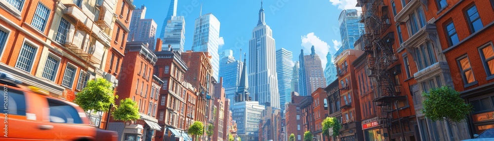City street view, skyscrapers, sunny day, taxi City street view, skyscrapers, sunny day, taxi