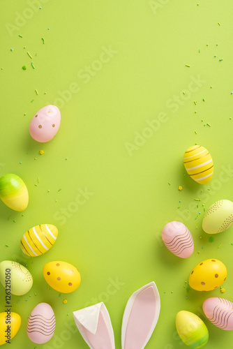 Colorful vertical painted Easter eggs and bunny ears arranged on a vibrant green background