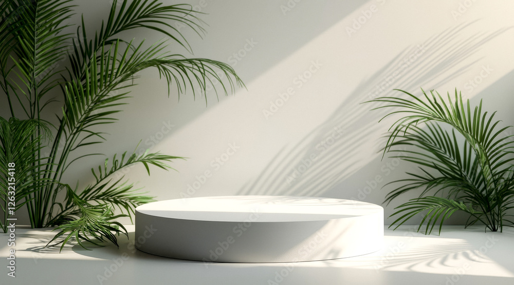 sleek cylindrical platform with lush palm fronds in a minimalist setting sleek cylindrical platform with lush palm fronds in a minimalist setting