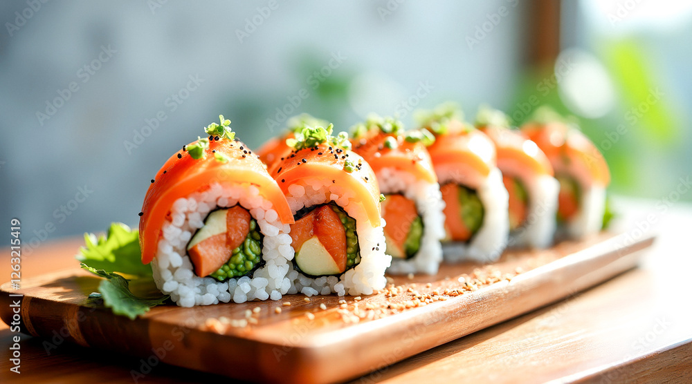 five salmon sushi rolls on wooden board five salmon sushi rolls on wooden board