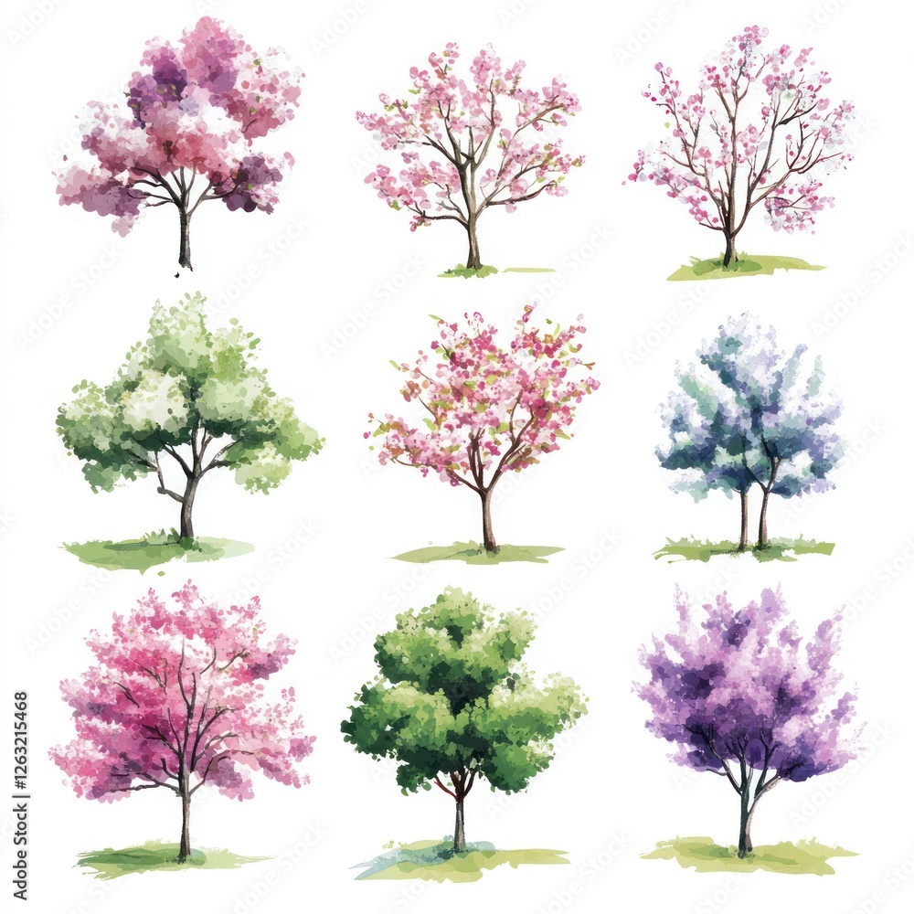 Obraz premium Nine Watercolor Paintings of Blossoming Trees in Various Colors