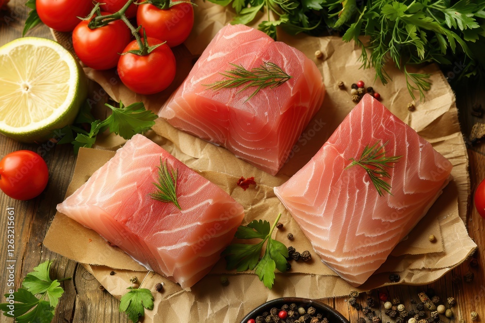 Fresh salmon fillets surrounded herbs tomatoes lemon