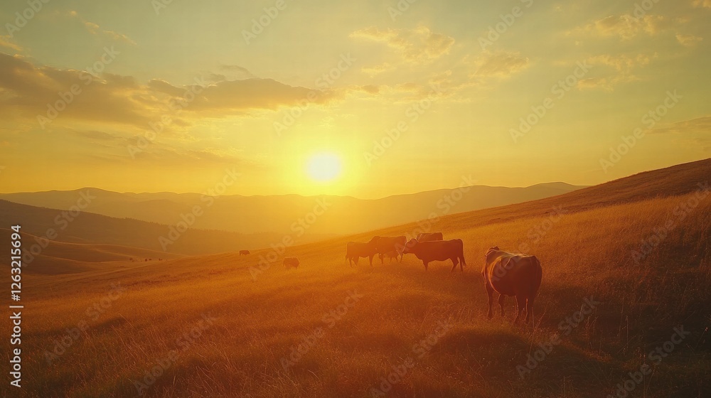 Cows Grazing on a Hill under a Golden Sunset Cows Grazing on a Hill under a Golden Sunset