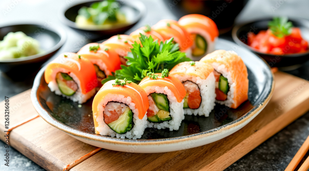 close-up of salmon sushi rolls beautifully presented on a dark plate close-up of salmon sushi rolls beautifully presented on a dark plate