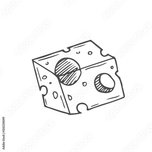 Cheese cubes vector illustration. Outline Drawing of dairy product label or recipe in cookery book. Monochrome etching of cheddar or gouda with holes. Monochrome sketch of food for culinary.