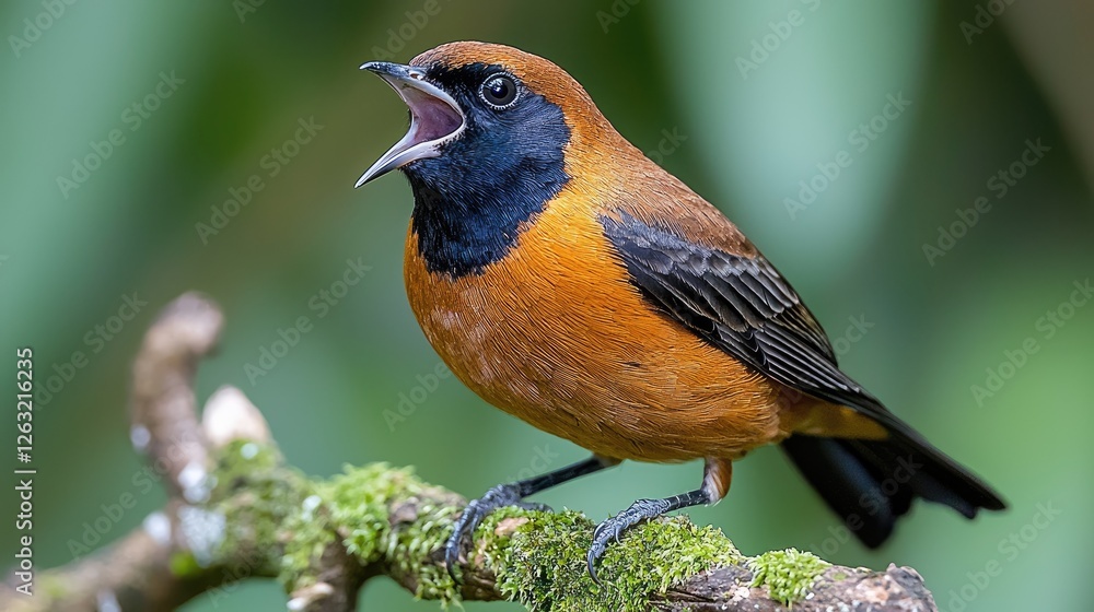 Bird singing on branch in tropical forest.  Possible use Nature, wildlife, bird photography