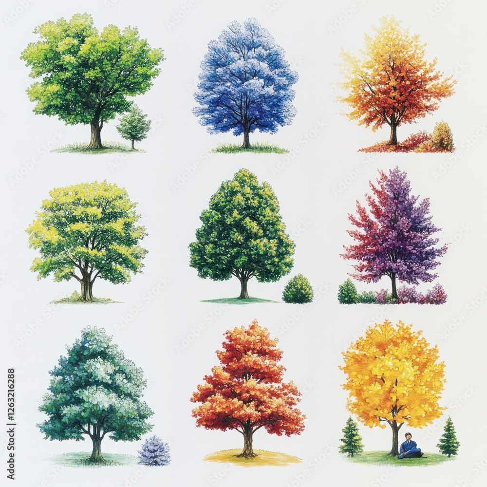 Fototapeta premium A Collection Of Trees Showing Seasonal Changes Throughout The Year