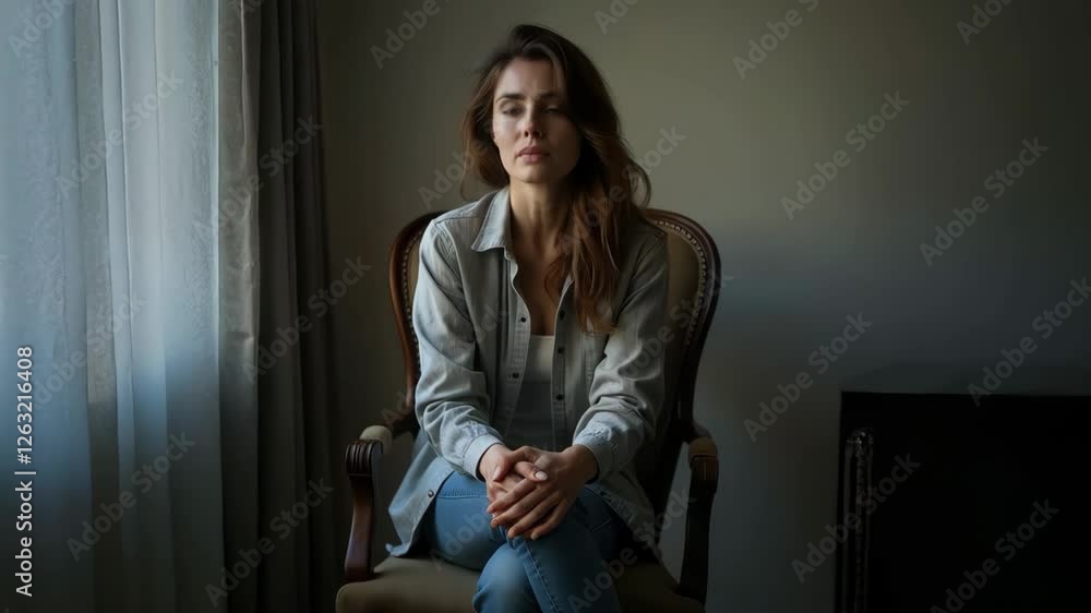 A moody and emotional scene of a woman sitting in a chair, lost in deep thought. Soft lighting and shadows enhance the atmosphere, creating an intimate and cinematic moment. Generative AI A moody and emotional scene of a woman sitting in a chair, lost in deep thought. Soft lighting and shadows enhance the atmosphere, creating an intimate and cinematic moment. Generative AI
