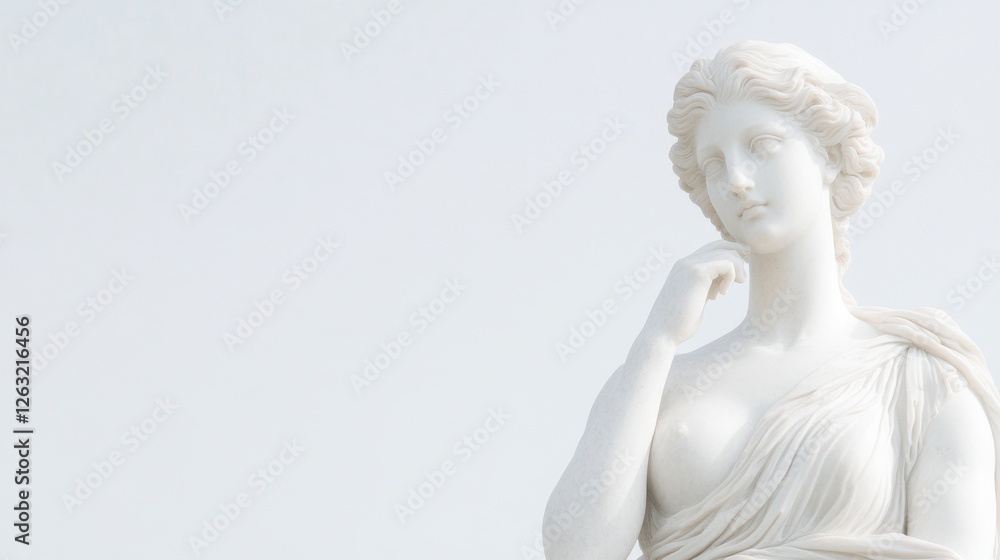 Close-up of a white marble statue of a woman in soft daylight Close-up of a white marble statue of a woman in soft daylight