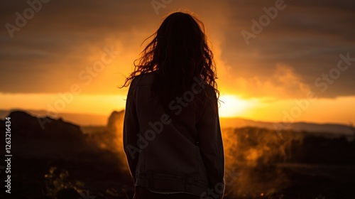 Golden hour contemplation, A silhouette gazes into a radiant sunset horizon